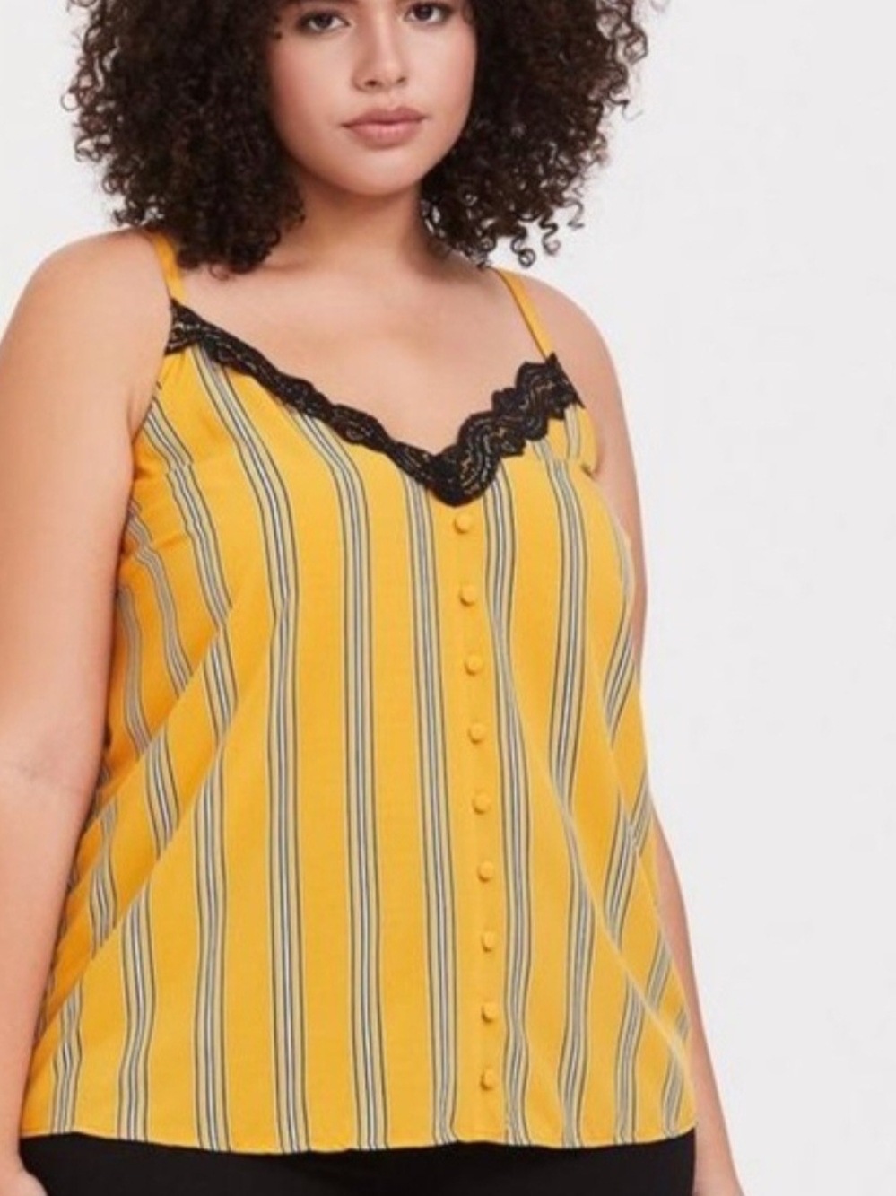 Torrid Yellow & Black Striped Lace-Trim Button-Up Cami Spaghetti Stap Tank Top